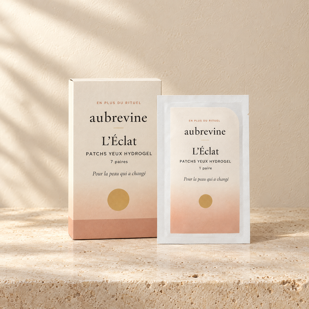 L'Éclat, patchs yeux hydrogel Aubrevine, boîte et sachet